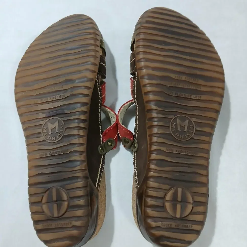 Mephisto Sandals Womens US 8 EU 39 Brown Red Leather Cork Footbed Comfort Shoes